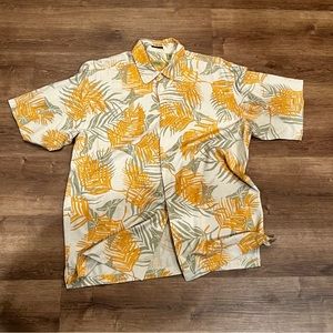 IZOD Washable Silk Men's Button Down Beige Floral Hawaiian Shirt - Large L